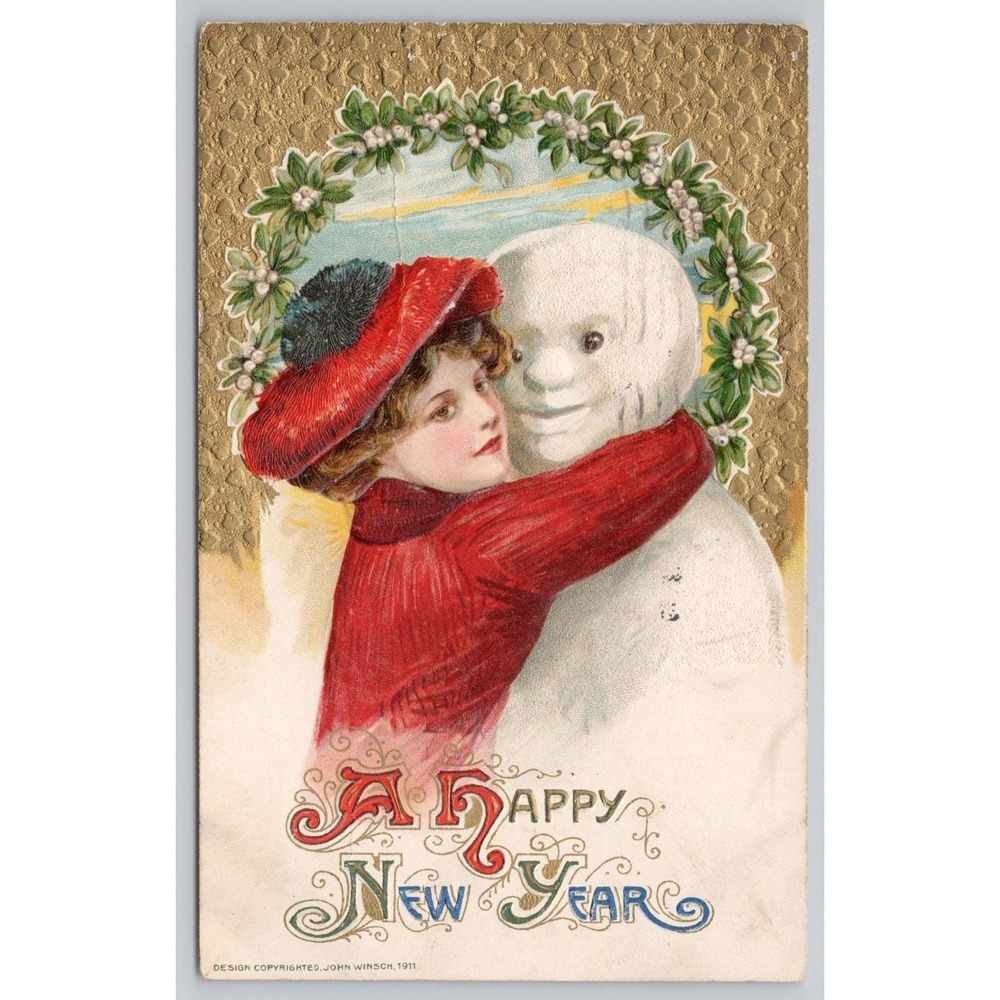 Winsch Snowman 1911 A Happy New Year Postcard Schmucker Woman Embossed New York‎